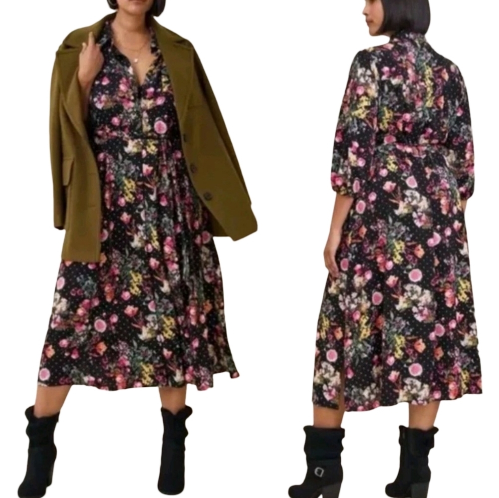 Torrid Studio Dot Floral‎ Midi Shirt Dress Size 3X 22/24 Black 3/4 Sleeve Button